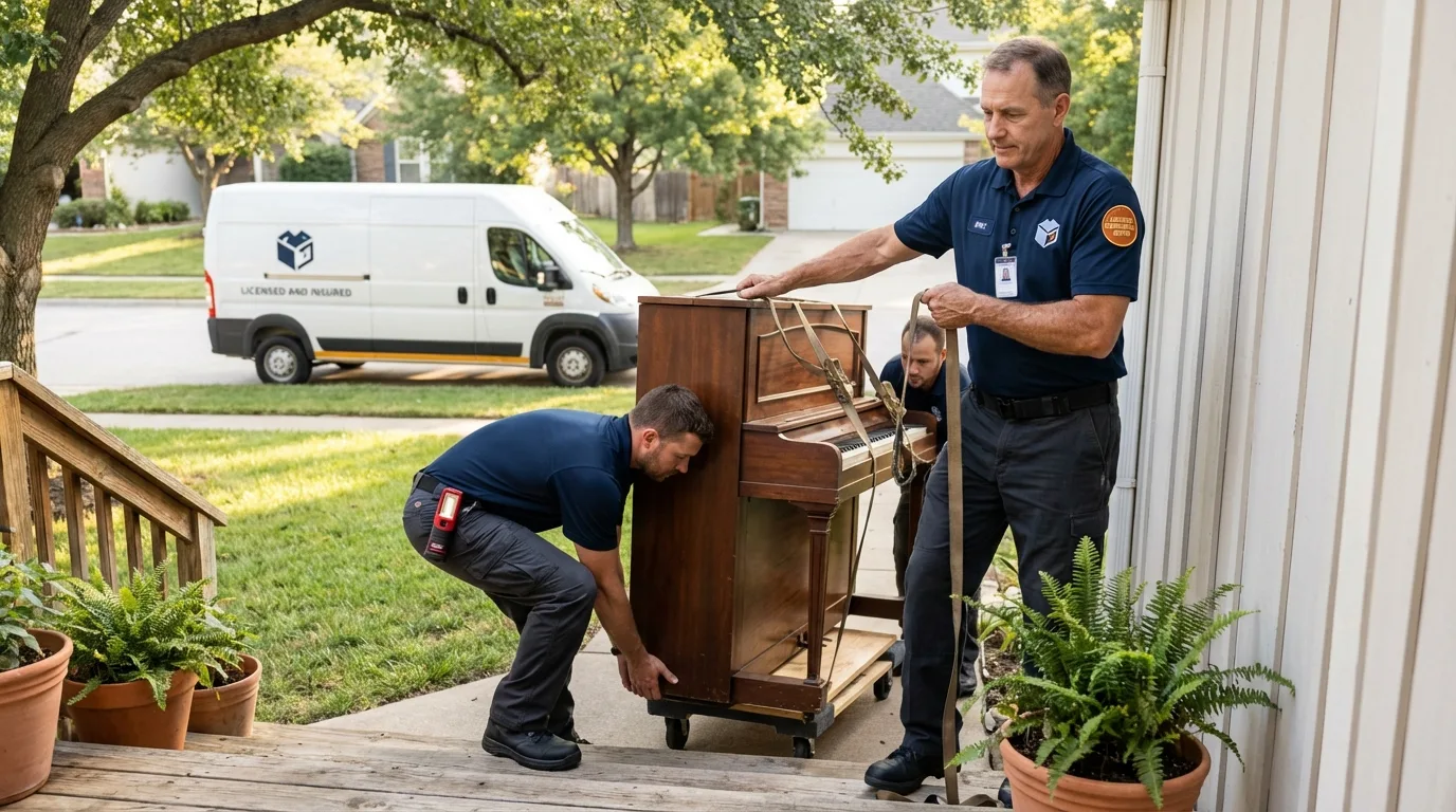 Licensed piano movers securing grand piano in Topsfield, MA
