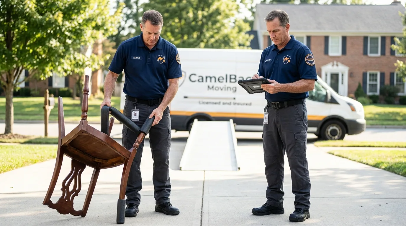 Movers inspecting furniture for damage prevention before loading in Topsfield, MA