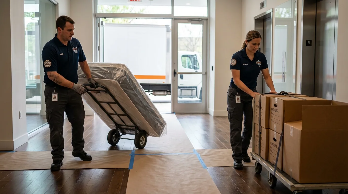 Professional apartment movers loading elevator in Topsfield, MA