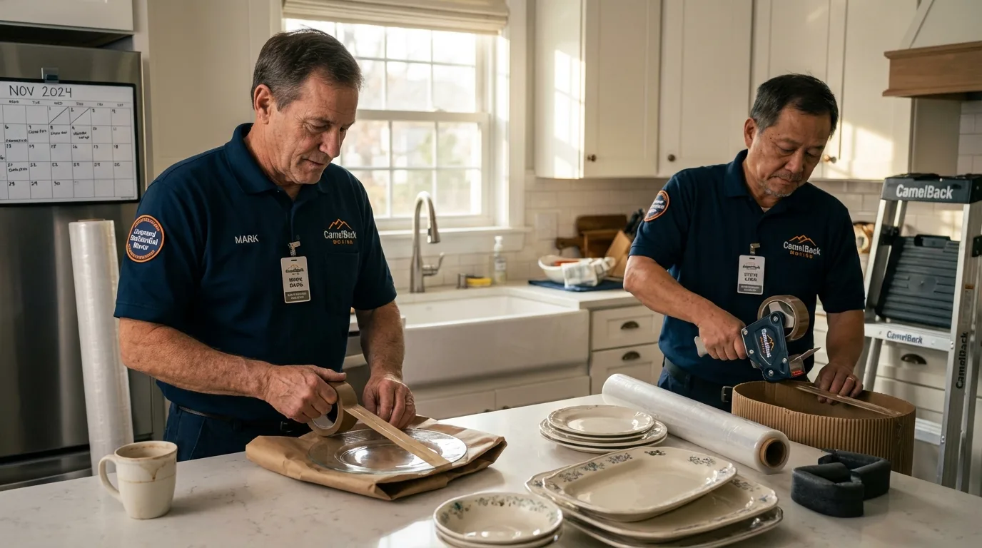 Professional crew packing kitchen dishware in Topsfield, MA
